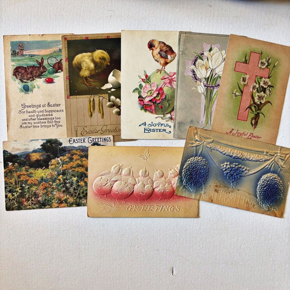 Vintage Post Cards 1900s (8) Easter Embossed 3D Flowers Religious Junk Journal